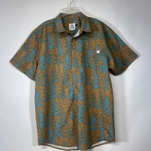 FLYLOW Mens Large Button Up Shirt Short Sleeve Brown Blue Tree Print Casual